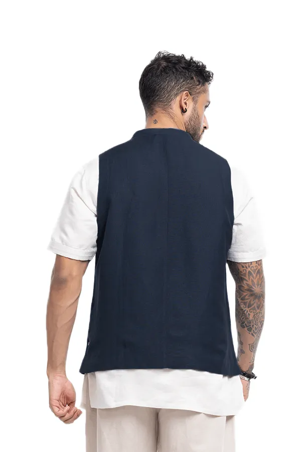 Solid linen blend sleeveless shacket with pockets