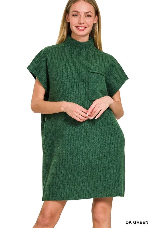 Solid Ribbed Mock Neck Pocket Dress