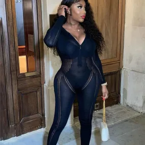 Solid Splice Mesh Bodycon Jumpsuit
