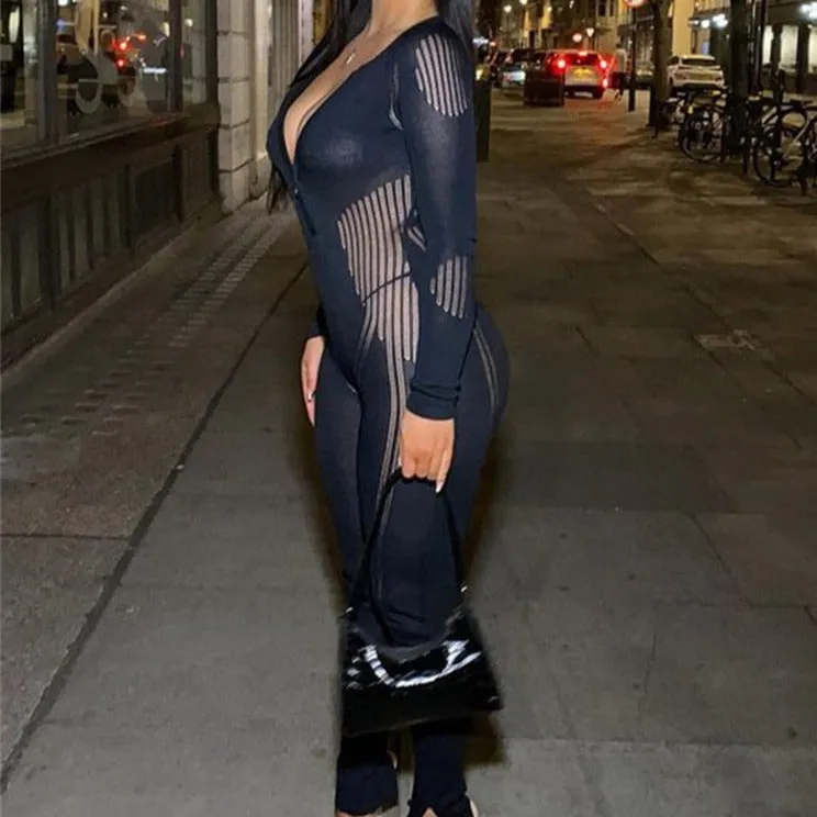 Solid Splice Mesh Bodycon Jumpsuit