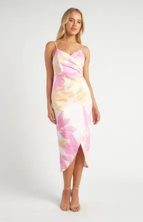Stretch Bodycon Floral Dress with Side Pleat Details - Pink