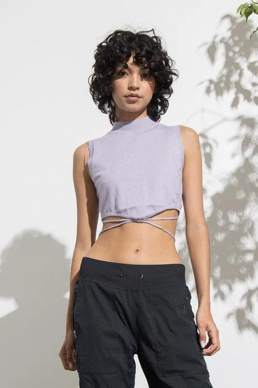 string waist tie knit sleeveless crop top