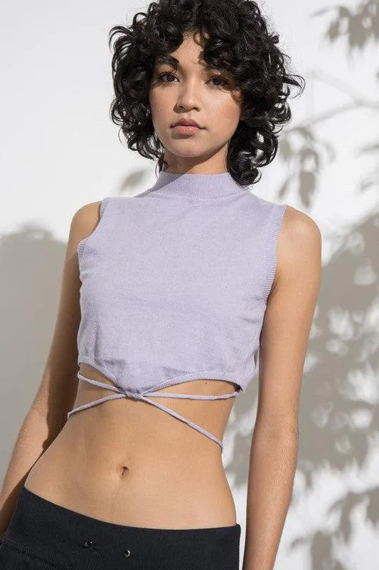 string waist tie knit sleeveless crop top