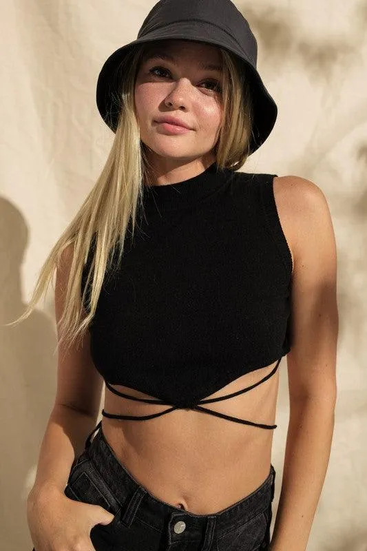 string waist tie knit sleeveless crop top