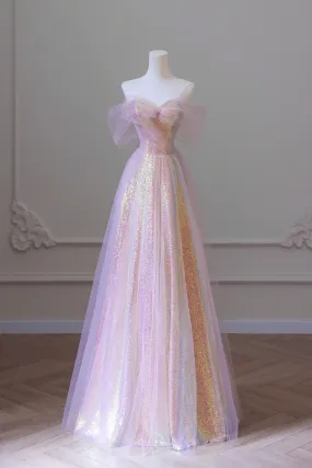 Stylish Tulle Sequins Long Prom Dress, A-Line Sweetheart Neckline Evening Dress