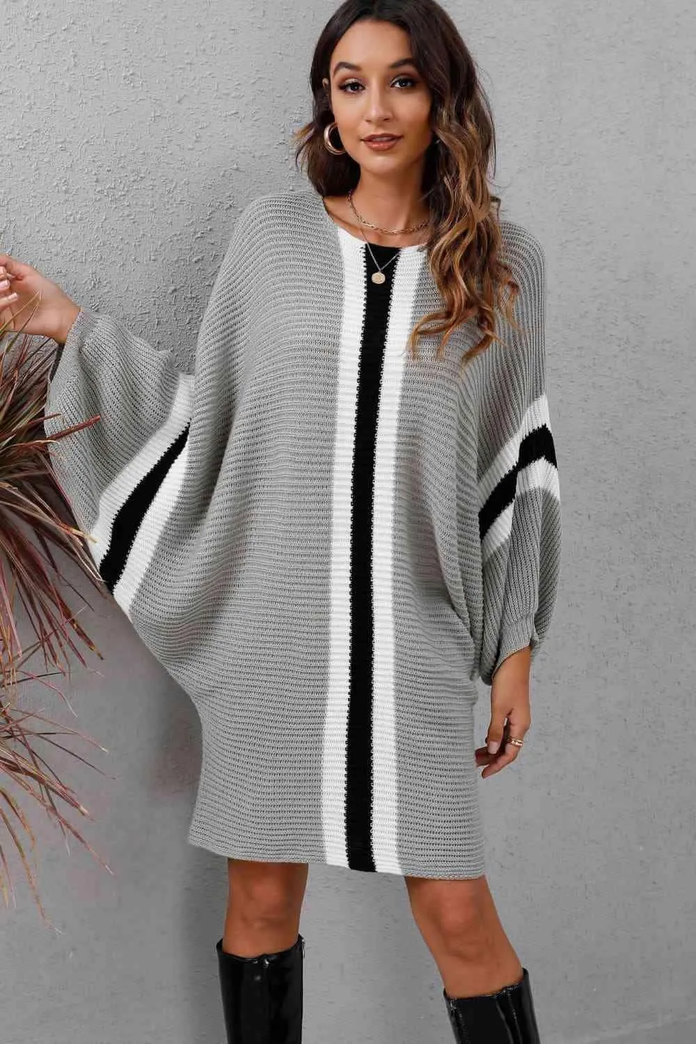 Stylishly Warm Rib Knit Dolman Sleeve Sweater Dress