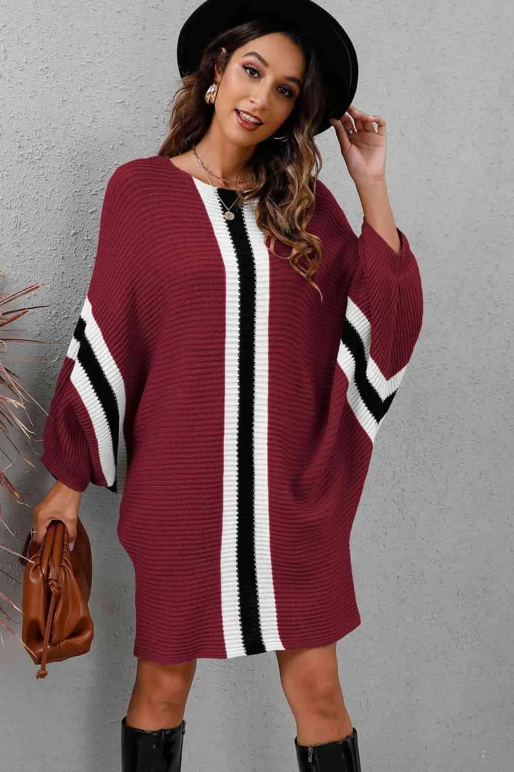 Stylishly Warm Rib Knit Dolman Sleeve Sweater Dress