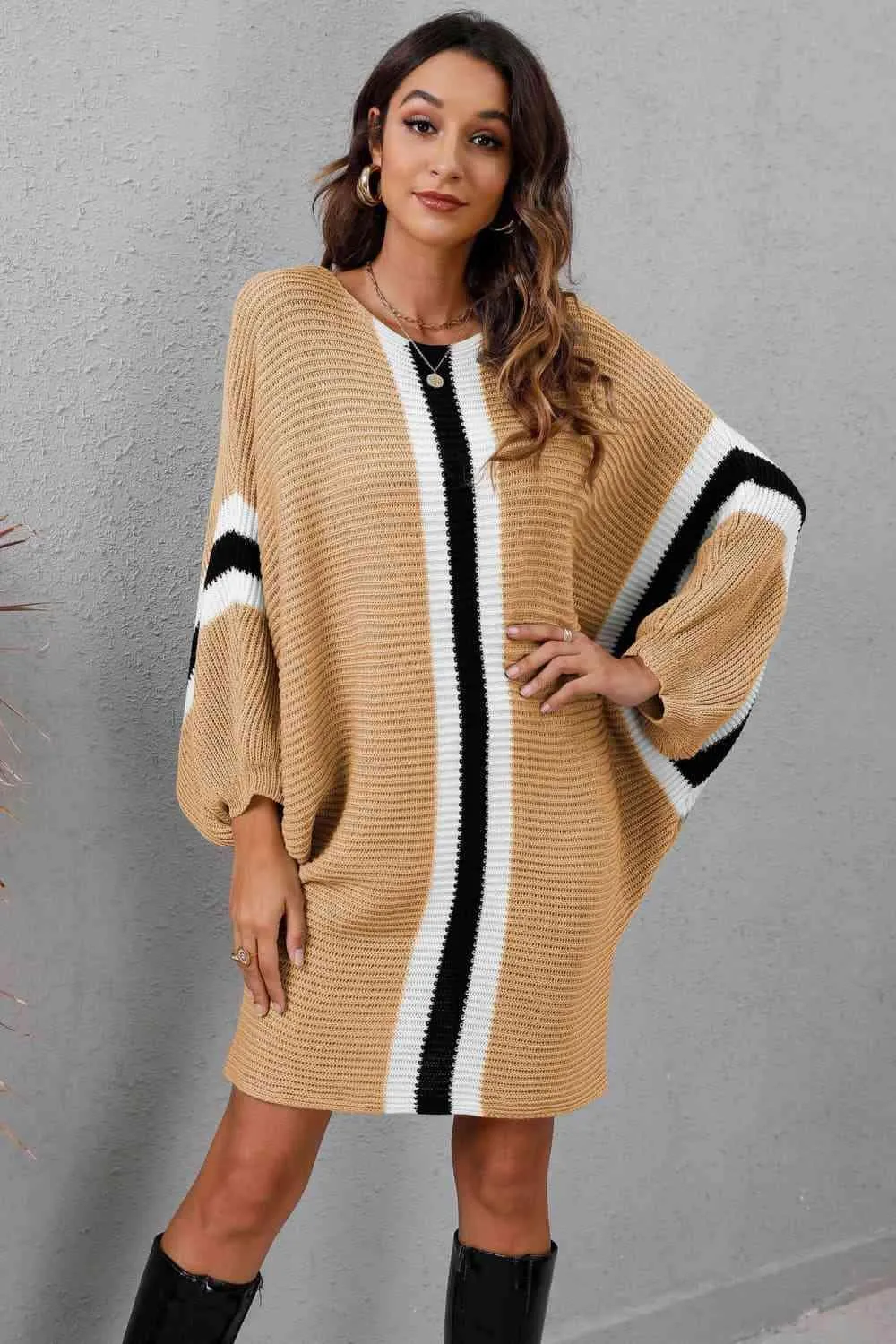 Stylishly Warm Rib Knit Dolman Sleeve Sweater Dress