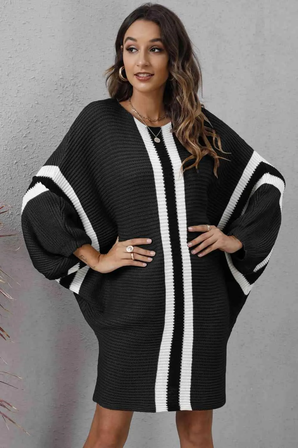 Stylishly Warm Rib Knit Dolman Sleeve Sweater Dress