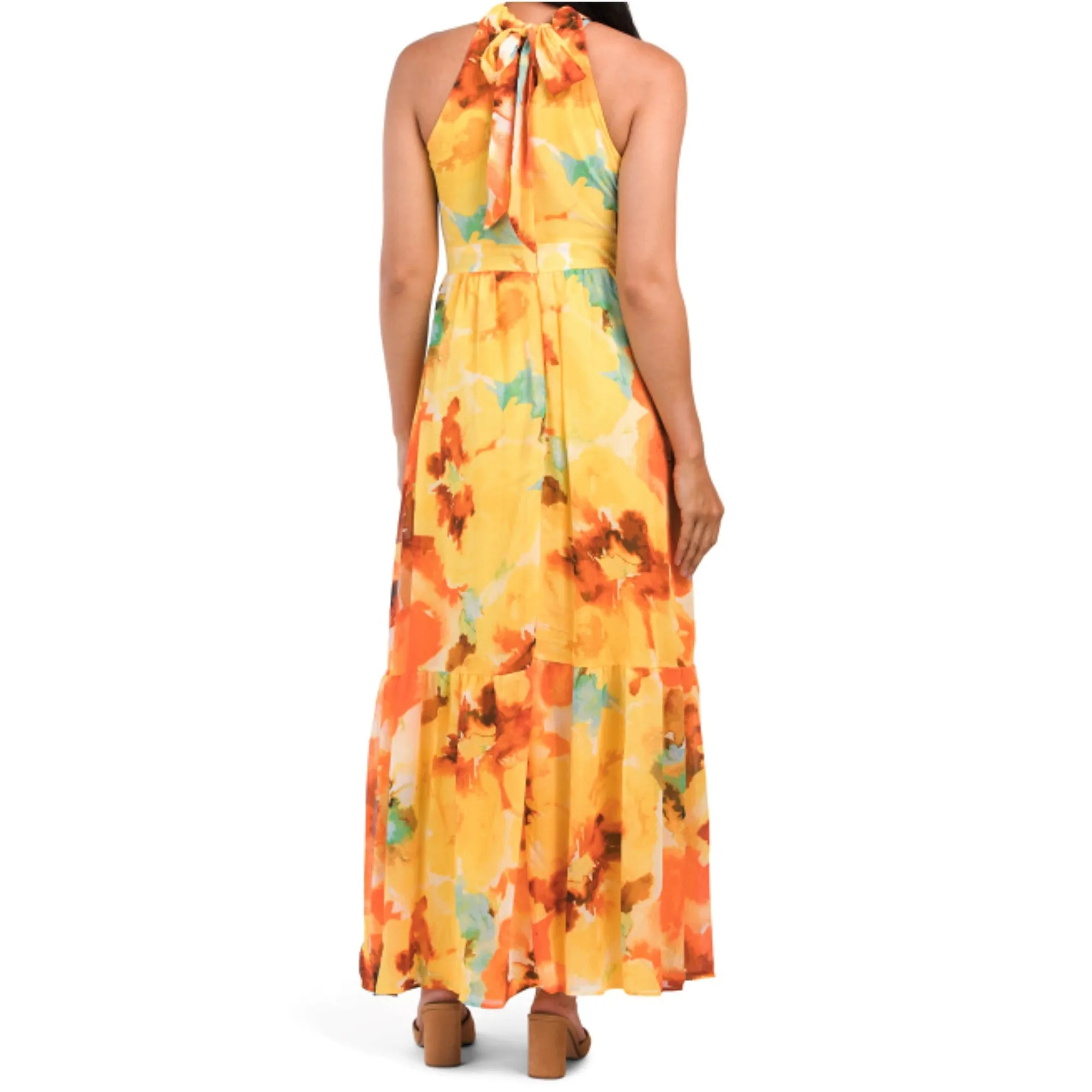 Tahari ASL Floral Print Halter Neck Tie Back Chiffon Maxi Dress
