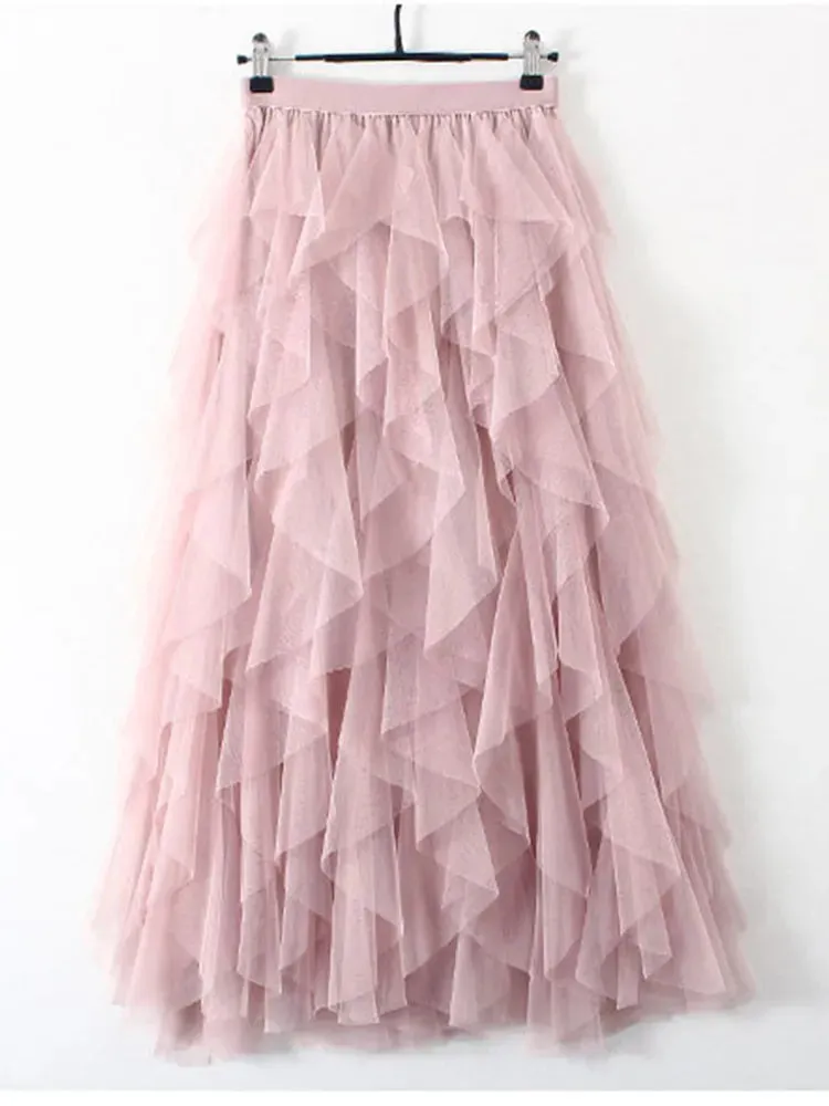 TIGENA - Original Tutu Tulle Long Maxi Skirt Women Fashion 2024 Korean Cute Pink High Waist Pleated Skirt Mesh Female Lady Aesthetic Faldas