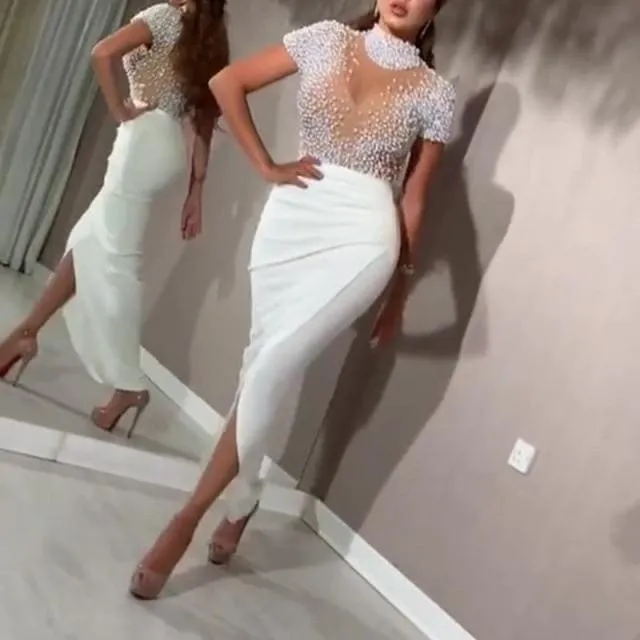 Transparent Tulle with Bead Tops Patchwork Slit Party Dress