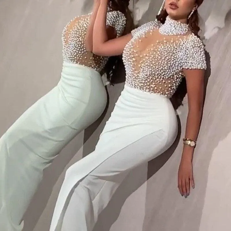 Transparent Tulle with Bead Tops Patchwork Slit Party Dress