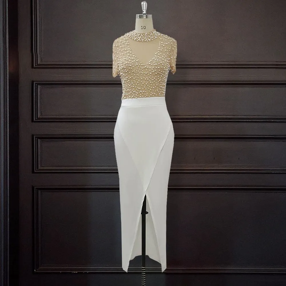 Transparent Tulle with Bead Tops Patchwork Slit Party Dress
