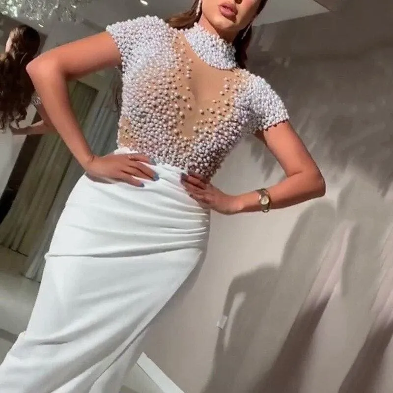 Transparent Tulle with Bead Tops Patchwork Slit Party Dress