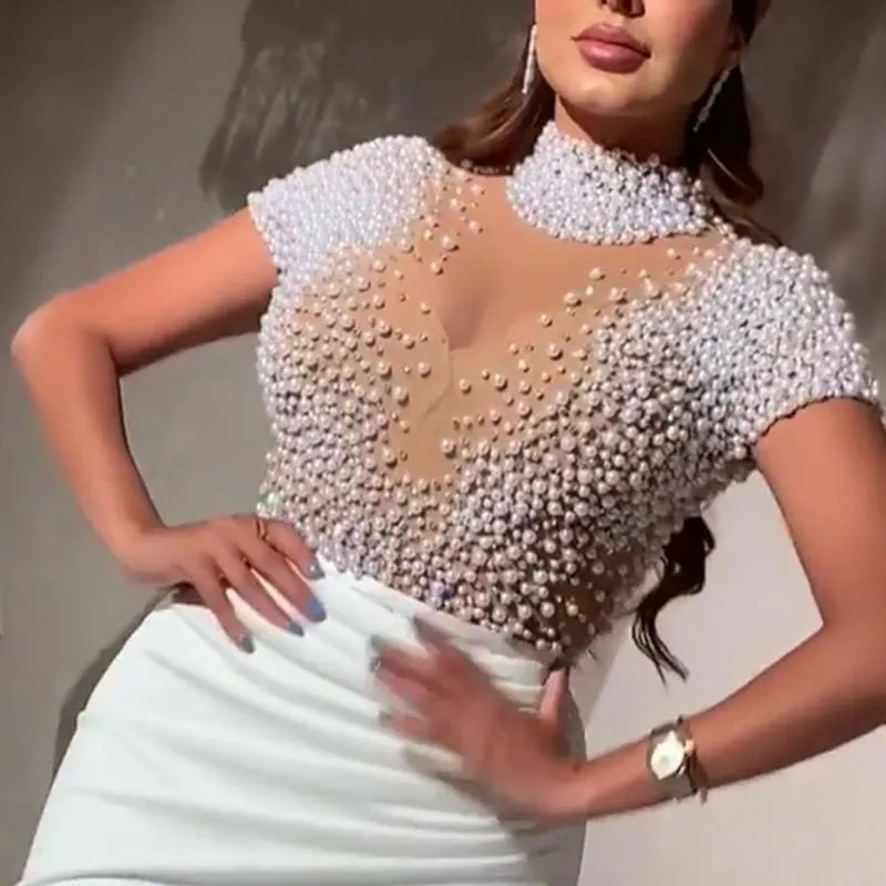Transparent Tulle with Bead Tops Patchwork Slit Party Dress