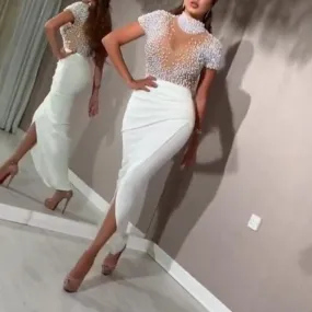 Transparent Tulle with Bead Tops Patchwork Slit Party Dress