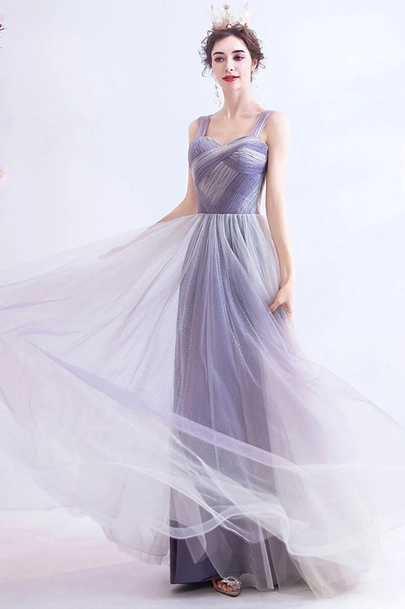 Unique Purple Tulle Long Formal Dress, A-Line Evening Graduation Dress