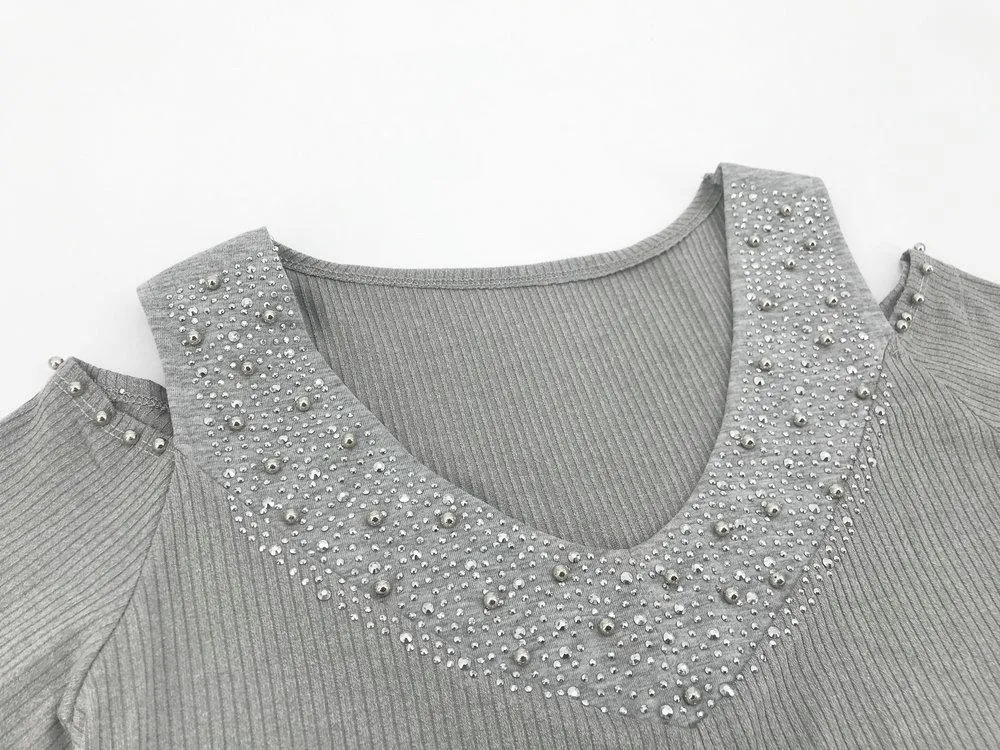 V-neck Off Shoulder Waist Hot Drill Sweater Bodycon Dress