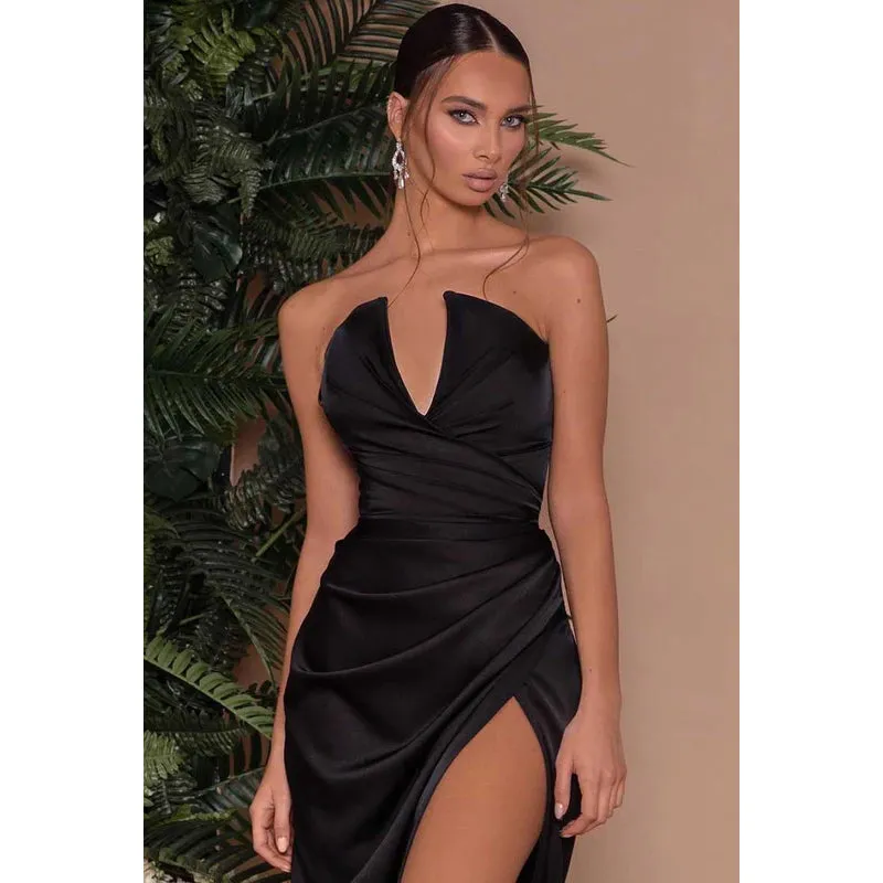 V-Neck Strapless Ruched Sheath Long Prom Evening Dress With Slit