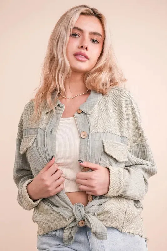 VERY J Mineral Washed Oversized Gauze Shacket