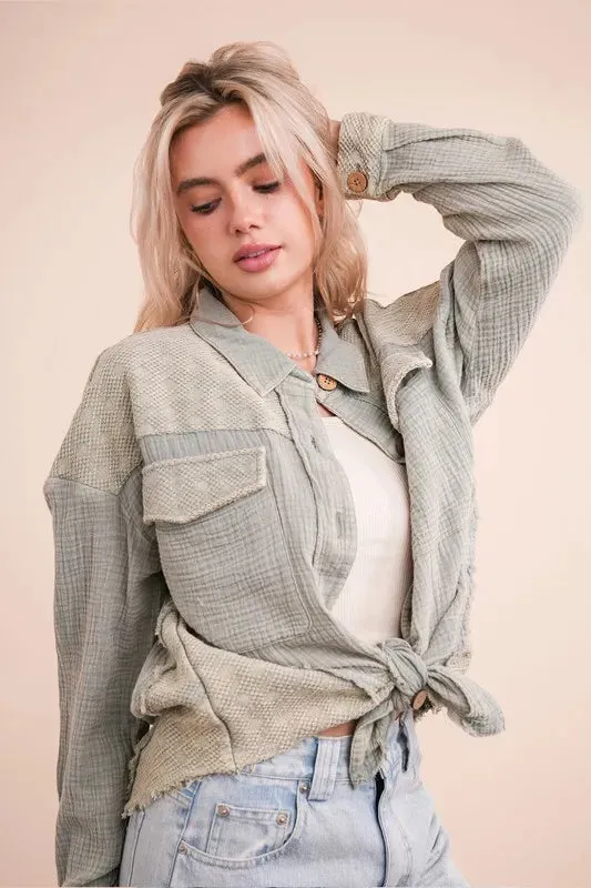 VERY J Mineral Washed Oversized Gauze Shacket
