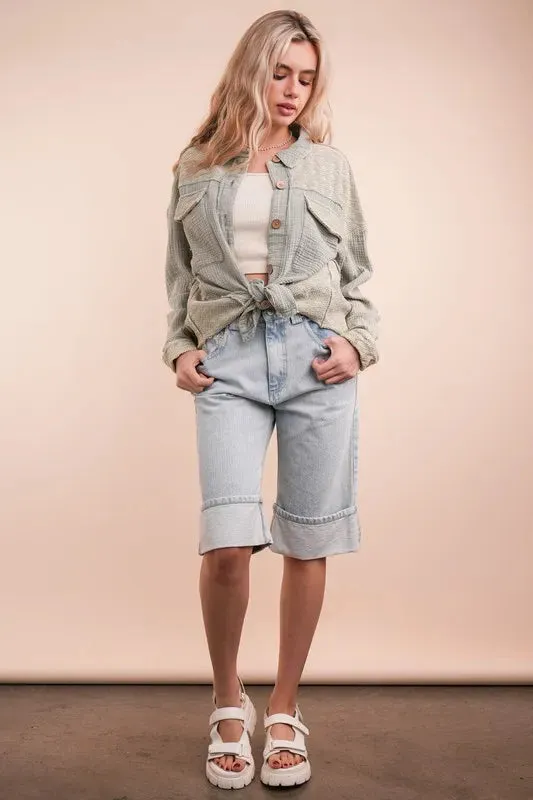 VERY J Mineral Washed Oversized Gauze Shacket