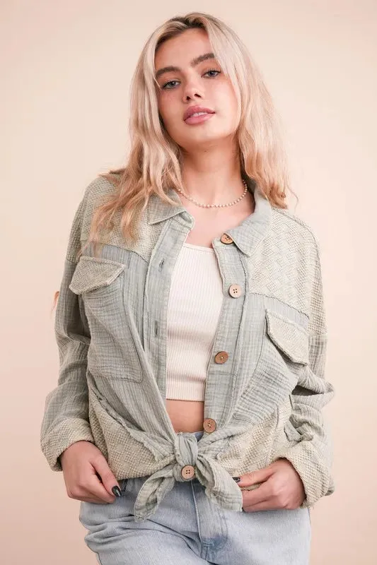 VERY J Mineral Washed Oversized Gauze Shacket