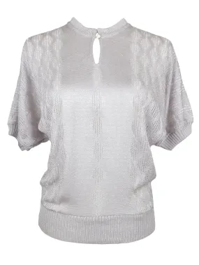 Vintage 70s Mod Grey Keyhole Half Sleeve Knit Sweater Blouse