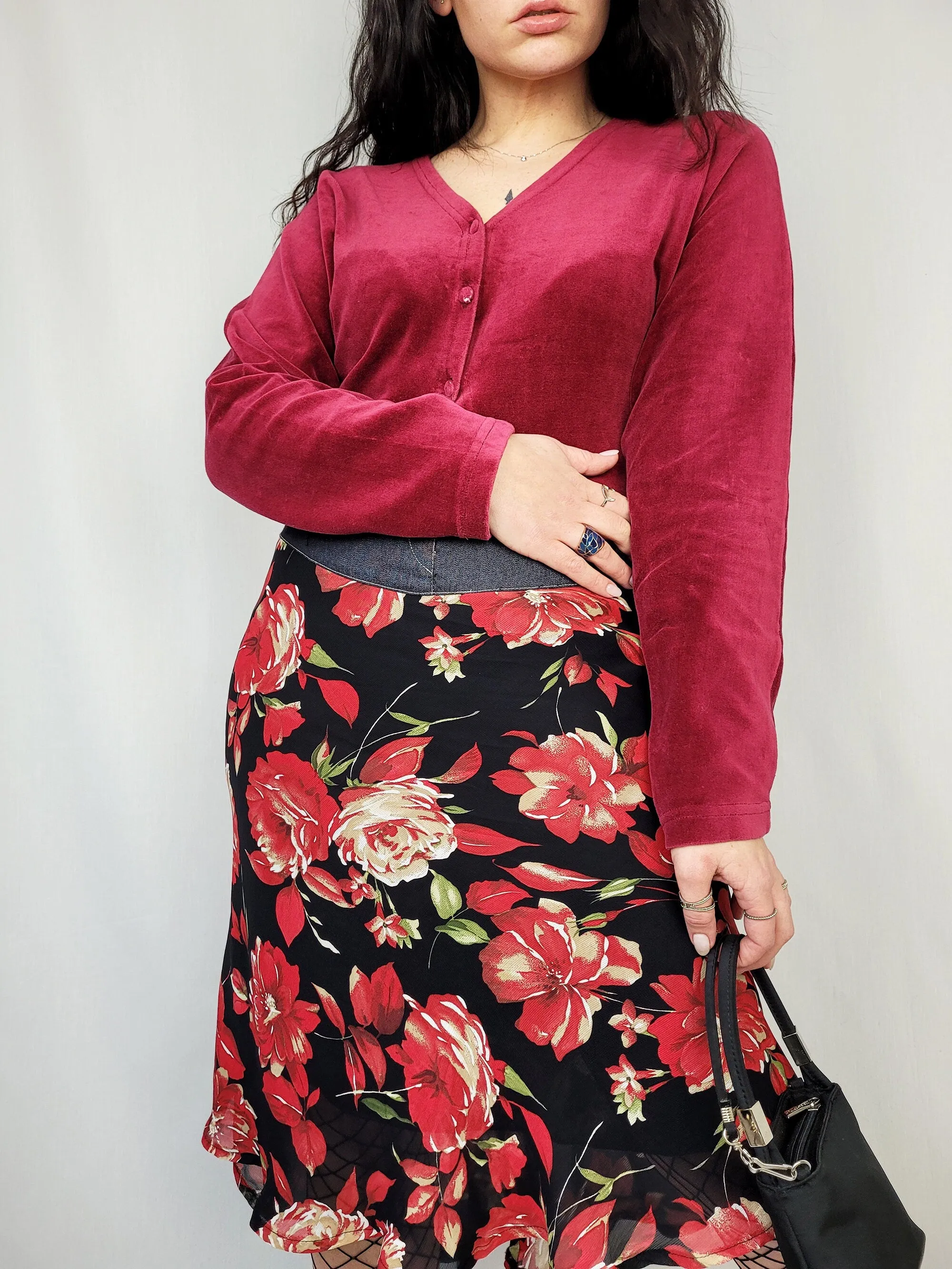 Vintage 90s velveteen burgundy buttons front crop cardigan