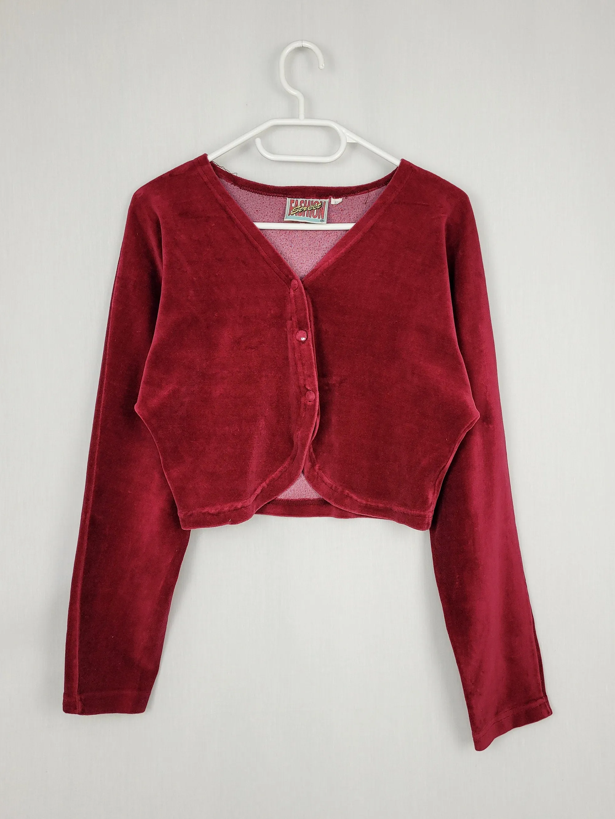 Vintage 90s velveteen burgundy buttons front crop cardigan