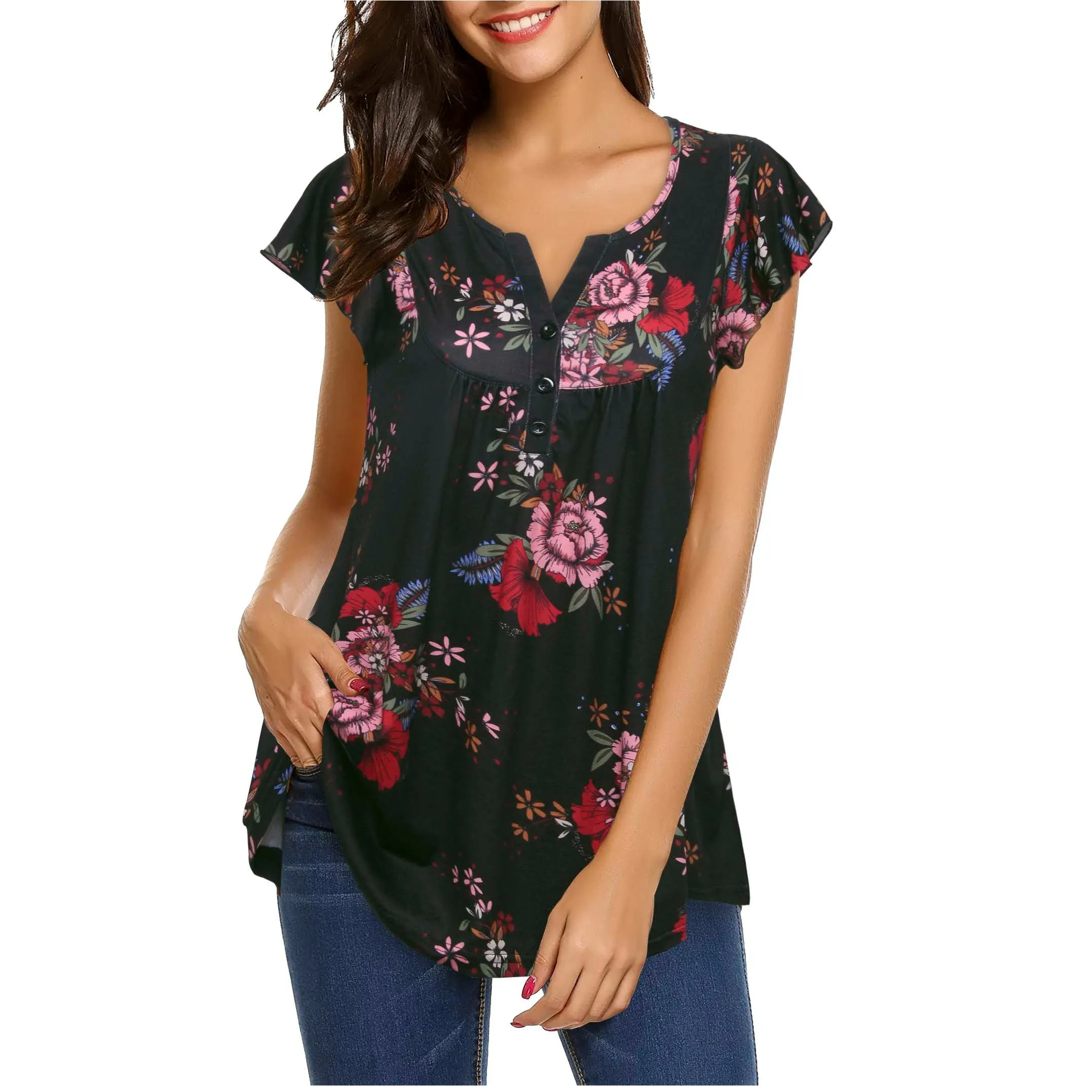 Vintage Floral Short Sleeve V Neck Pleated Tunic Shirt