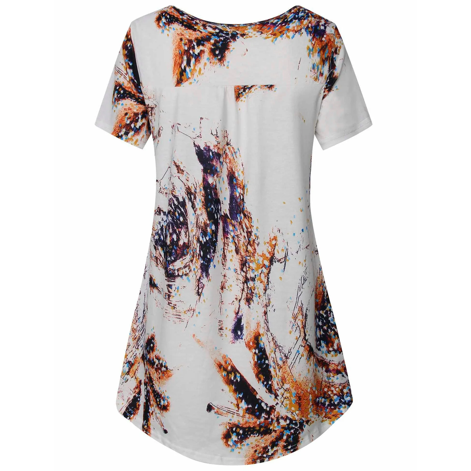 Vintage Floral Short Sleeve V Neck Pleated Tunic Shirt