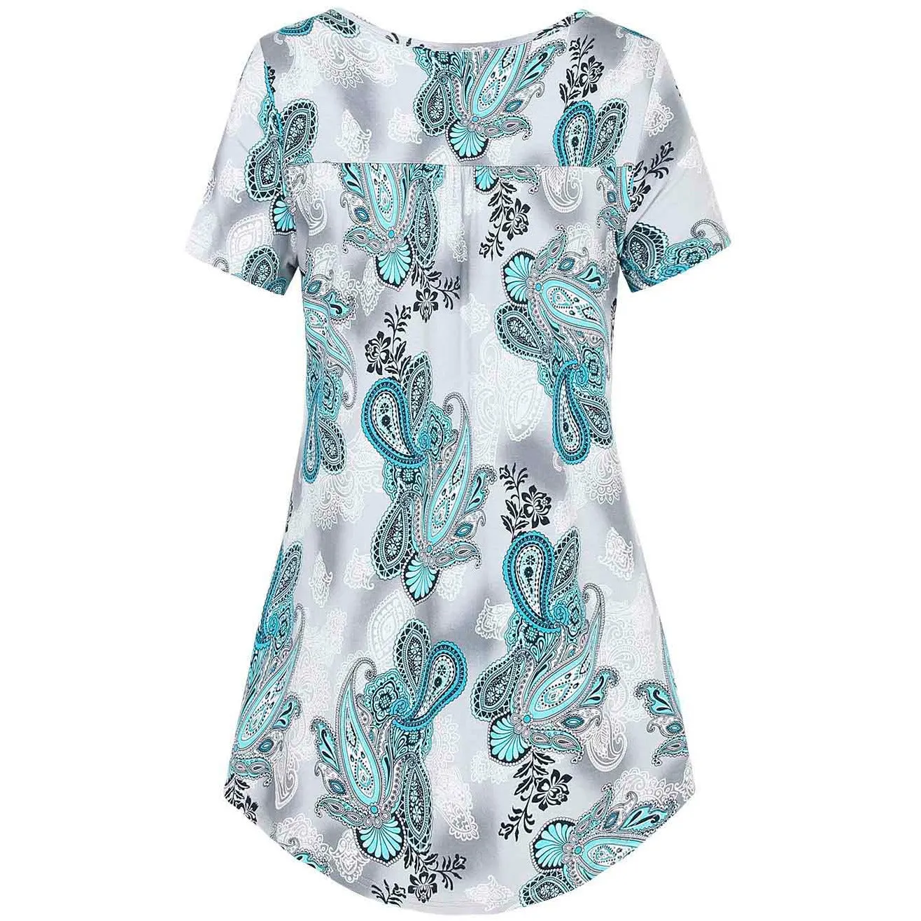Vintage Floral Short Sleeve V Neck Pleated Tunic Shirt