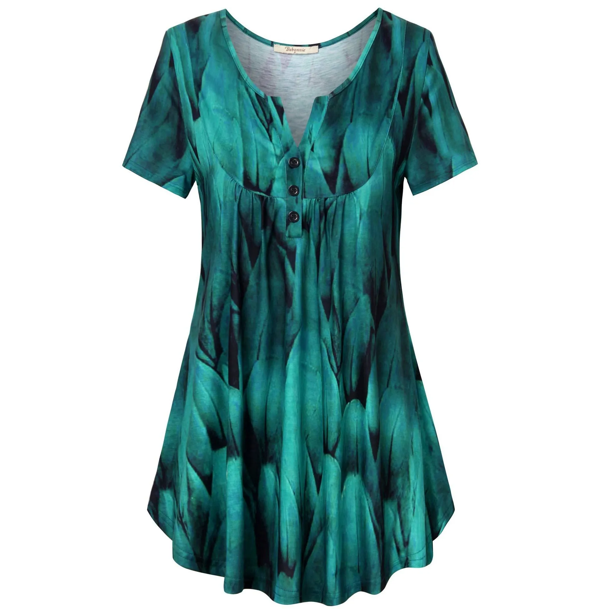 Vintage Floral Short Sleeve V Neck Pleated Tunic Shirt