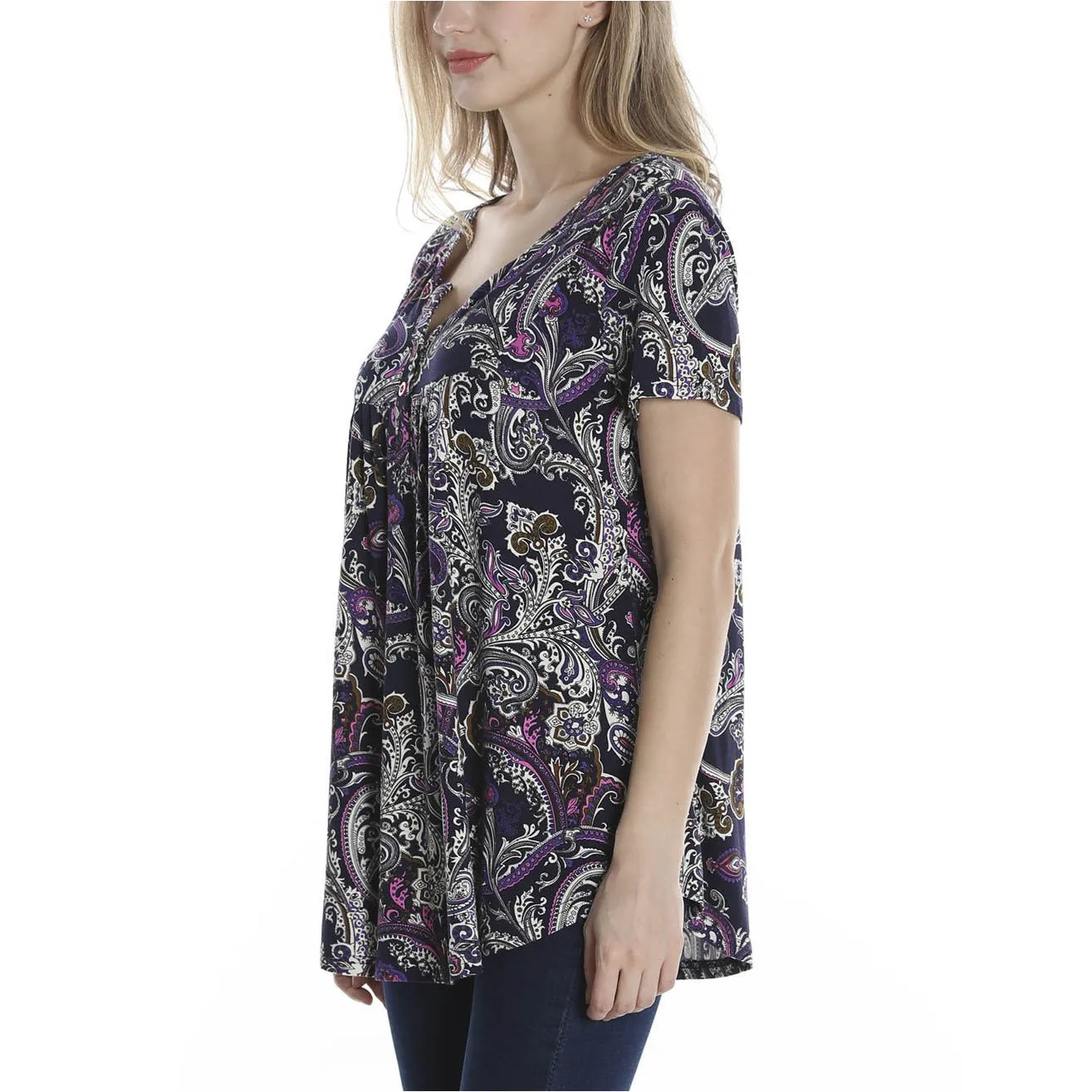Vintage Floral Short Sleeve V Neck Pleated Tunic Shirt
