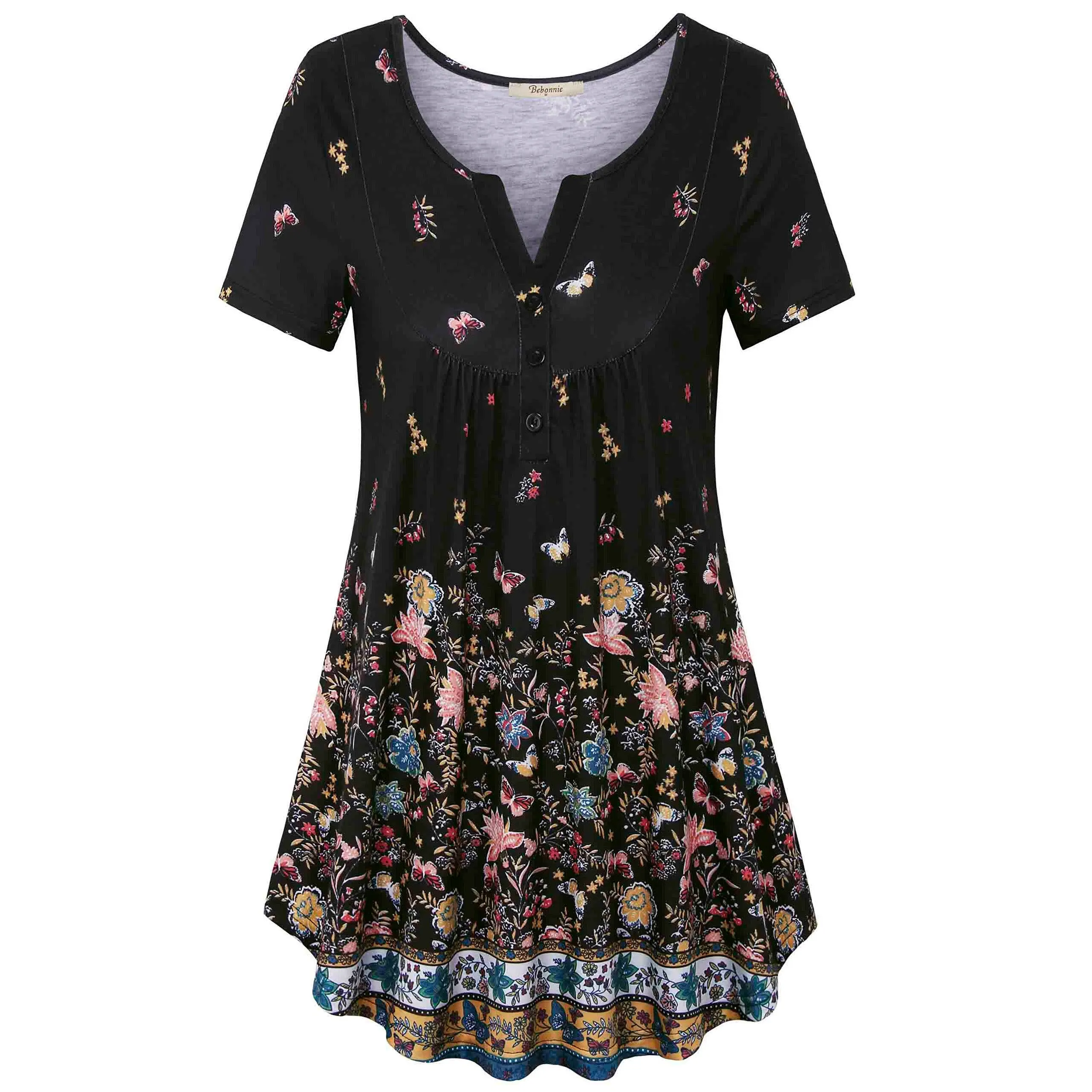 Vintage Floral Short Sleeve V Neck Pleated Tunic Shirt