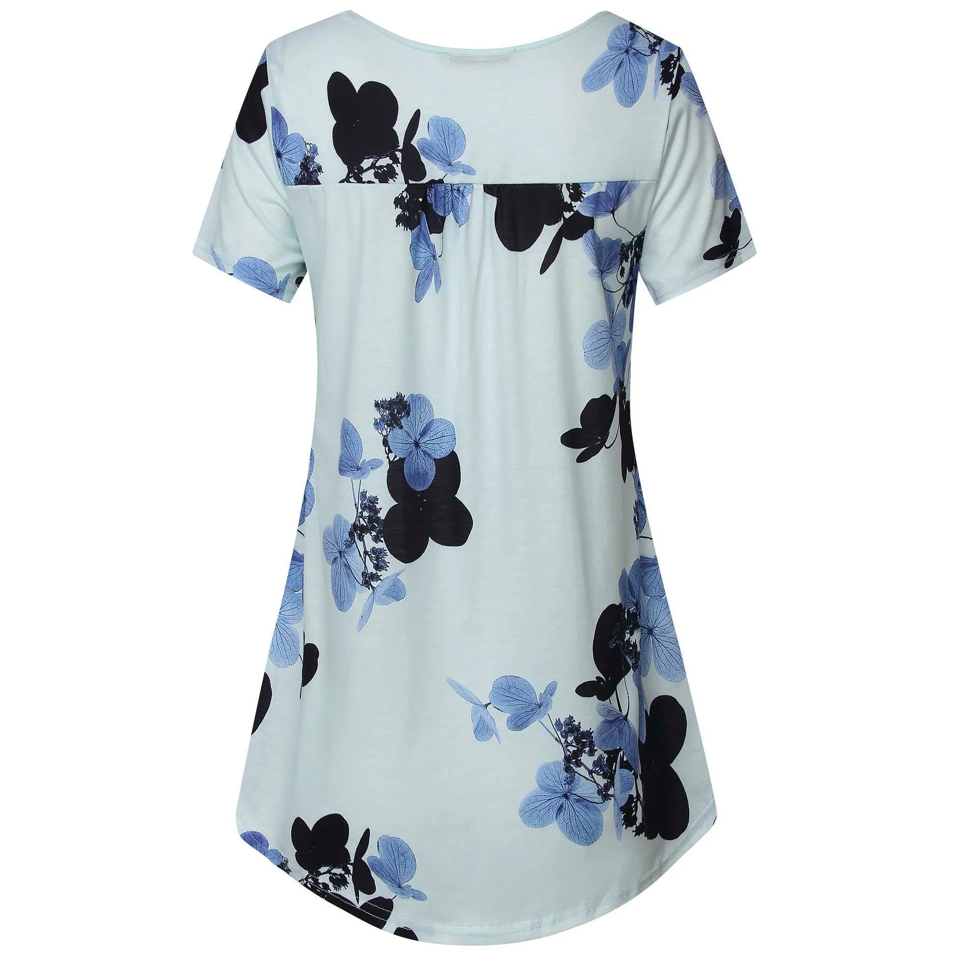 Vintage Floral Short Sleeve V Neck Pleated Tunic Shirt