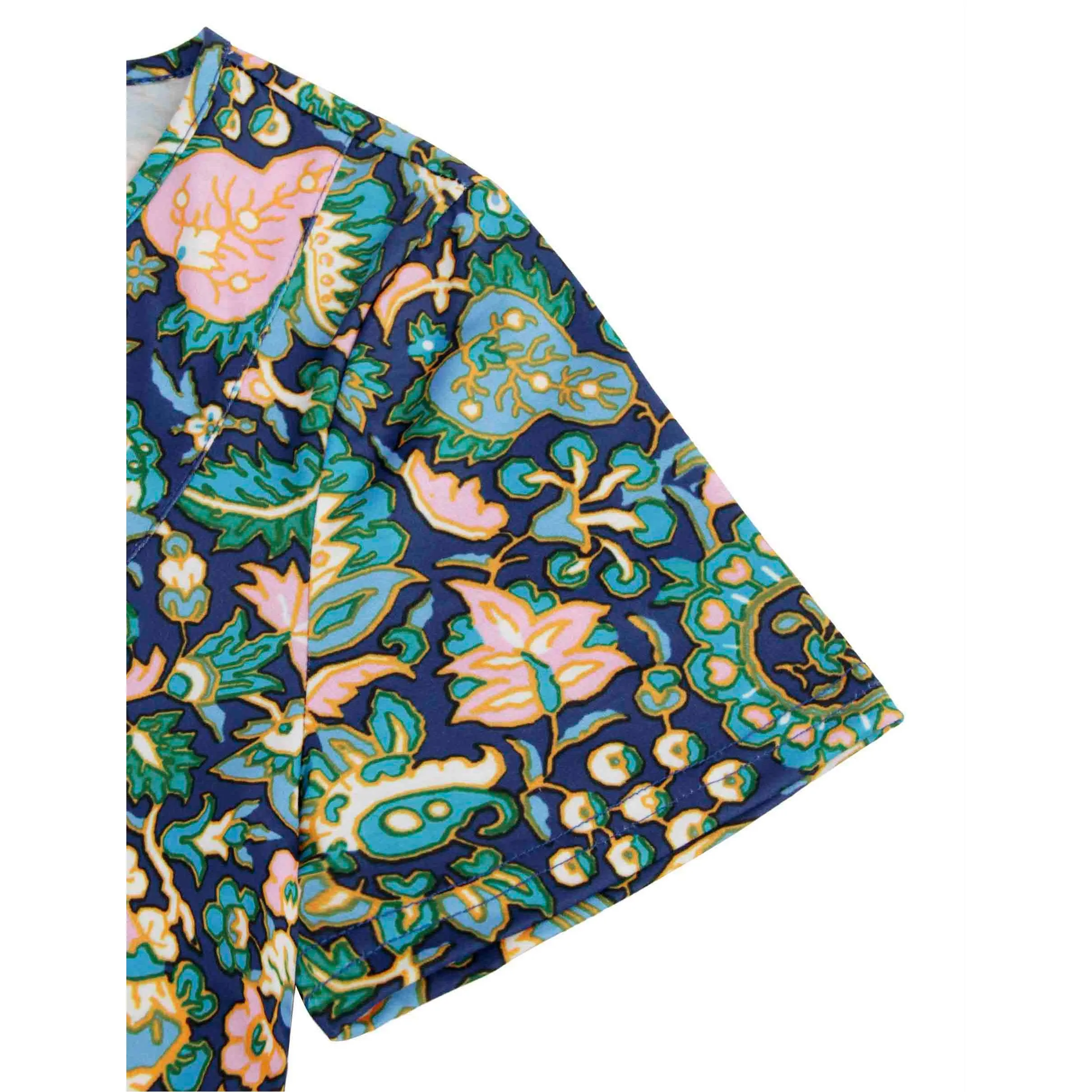 Vintage Floral Short Sleeve V Neck Pleated Tunic Shirt