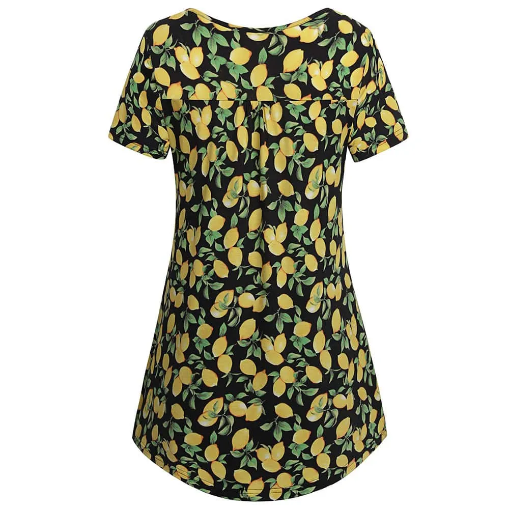 Vintage Floral Short Sleeve V Neck Pleated Tunic Shirt