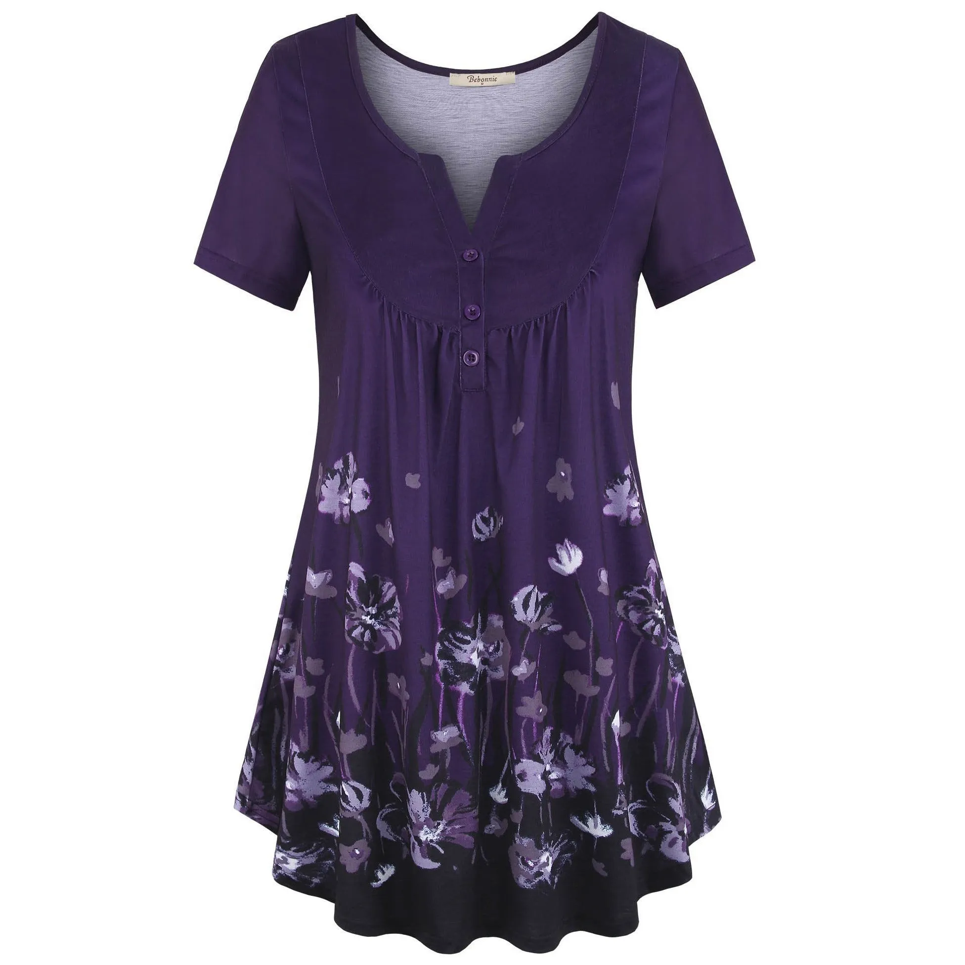 Vintage Floral Short Sleeve V Neck Pleated Tunic Shirt