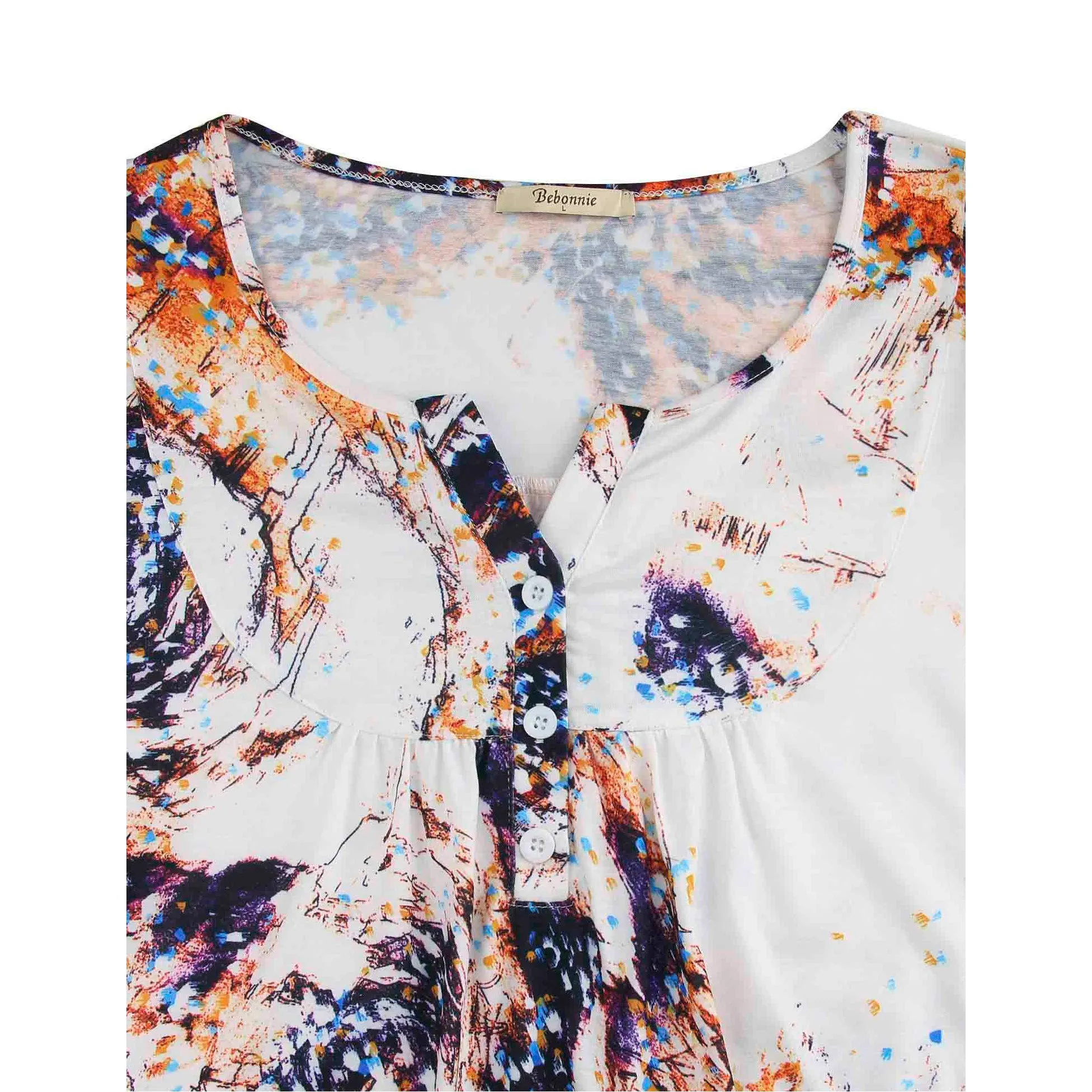 Vintage Floral Short Sleeve V Neck Pleated Tunic Shirt