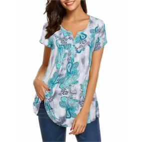 Vintage Floral Short Sleeve V Neck Pleated Tunic Shirt