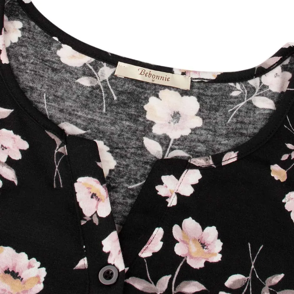 Vintage Floral Short Sleeve V Neck Pleated Tunic Shirt