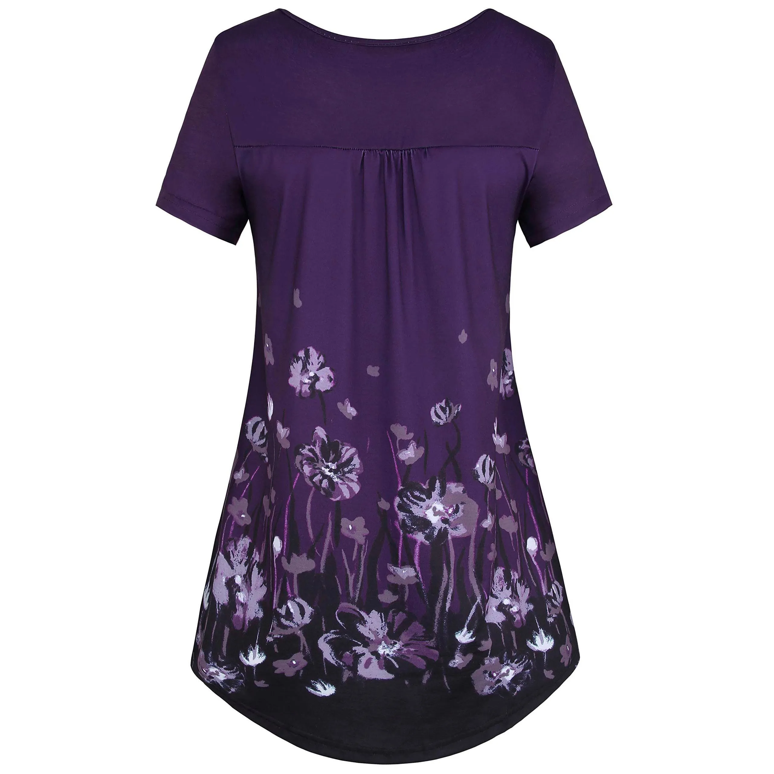 Vintage Floral Short Sleeve V Neck Pleated Tunic Shirt