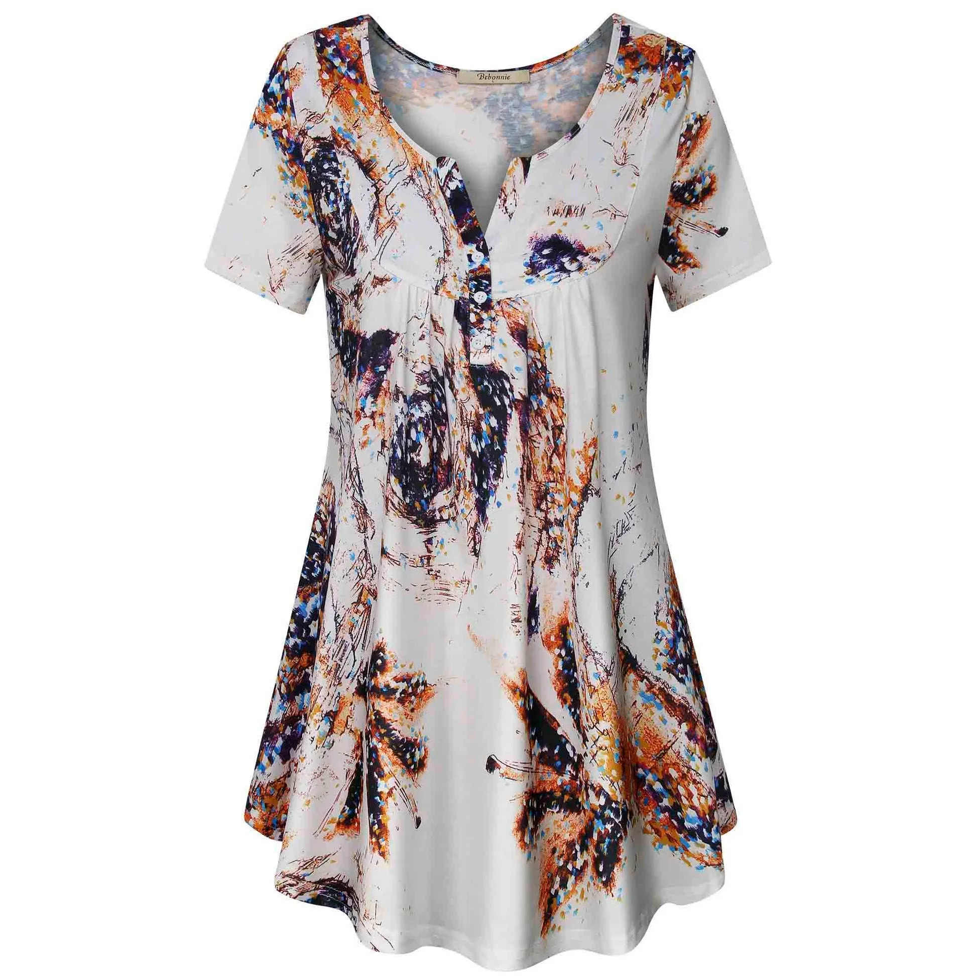 Vintage Floral Short Sleeve V Neck Pleated Tunic Shirt