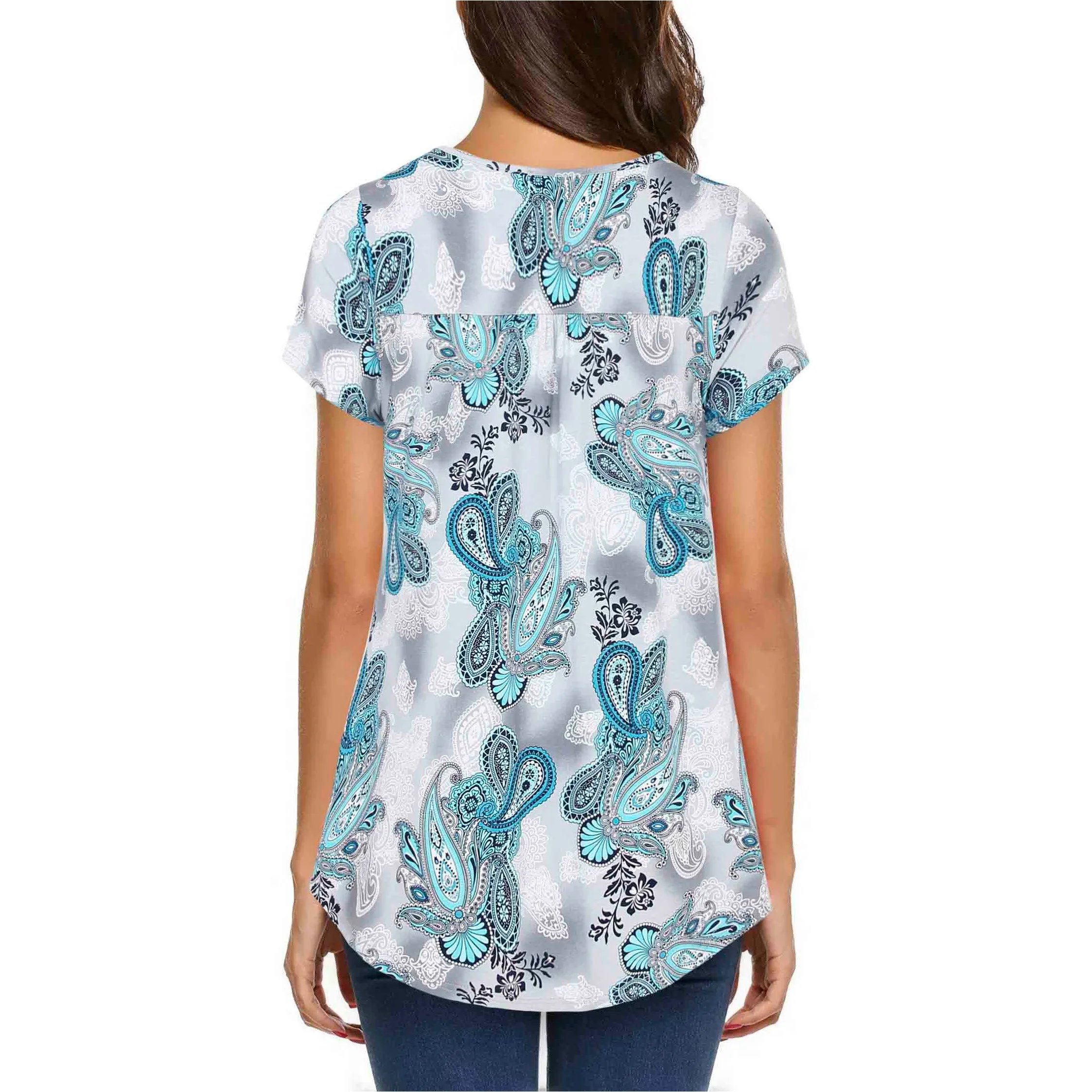 Vintage Floral Short Sleeve V Neck Pleated Tunic Shirt