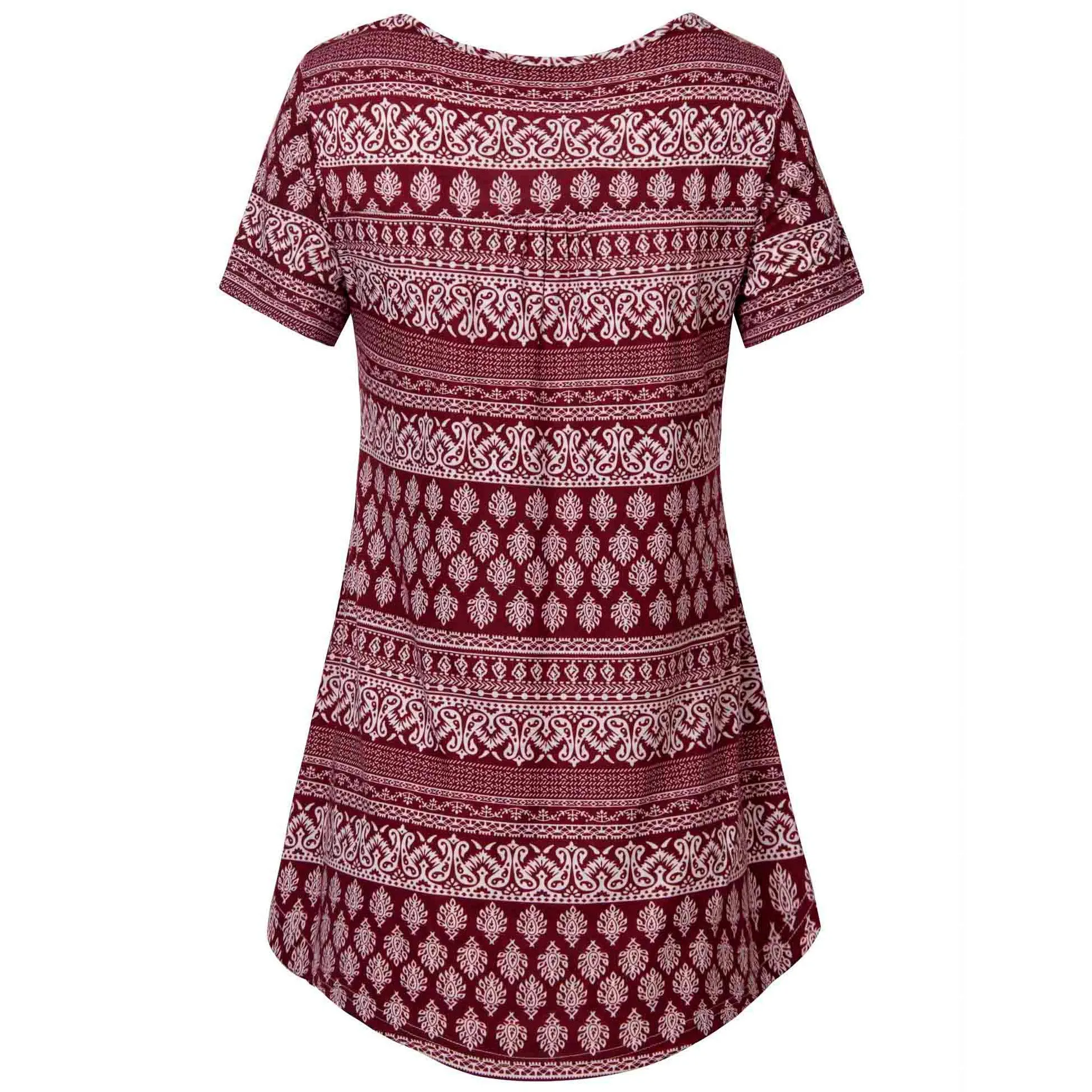 Vintage Floral Short Sleeve V Neck Pleated Tunic Shirt