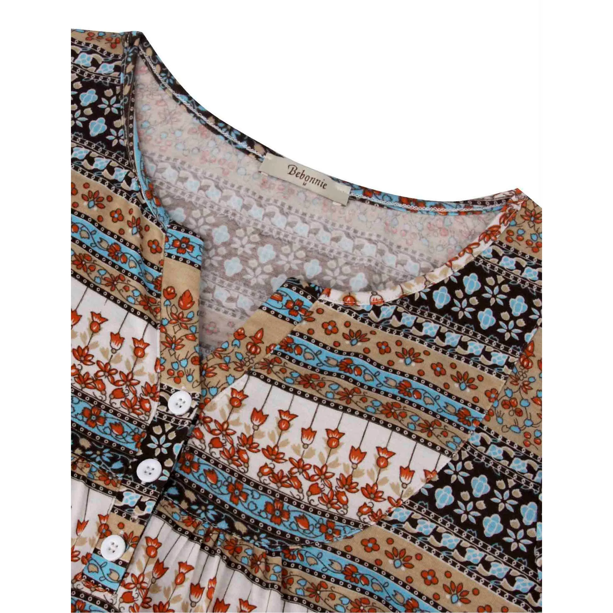 Vintage Floral Short Sleeve V Neck Pleated Tunic Shirt