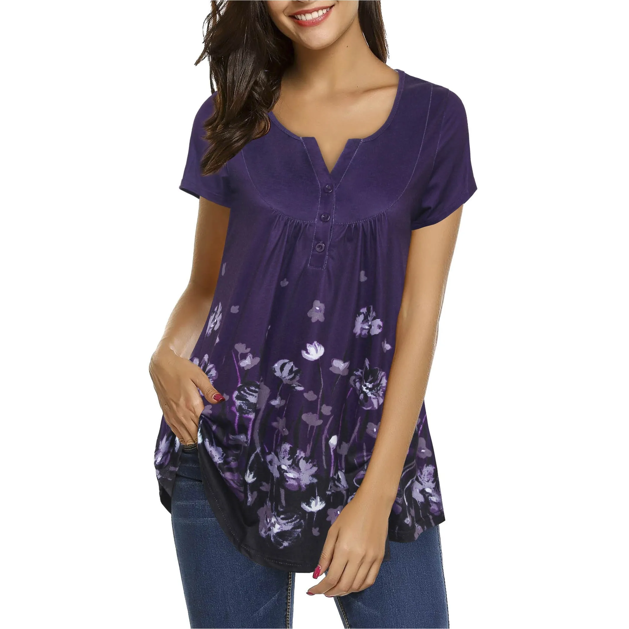 Vintage Floral Short Sleeve V Neck Pleated Tunic Shirt